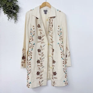 Sigrid Olsen Linen Duster Blazer Jacket Size 12 Cream Floral Embroidered Pockets - Picture 1 of 6