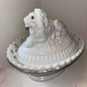 Vintage Westmoreland Milk Glass Lion On Dancing Sailor White w/ Lace Basket - Picture 1 of 7