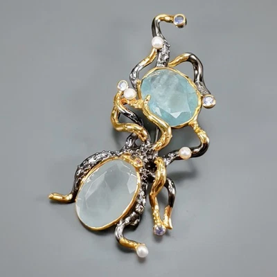 Broche de aguamarina natural hecho a mano 45 quilates + plata de ley 925 /NB30521 Foto 1 de 4