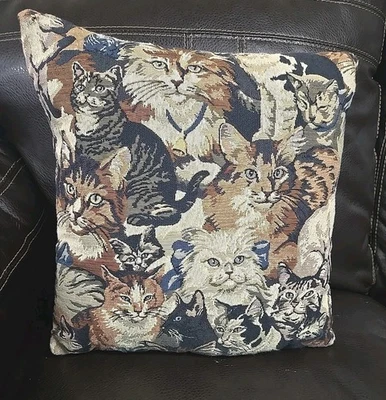 Tapestry Cat Throw Pillow 16” Feline Cottage Cottagecore Red Velvet Back VGN - Image 1 of 4