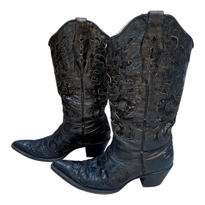 BOTAS VAQUERAS CORRAL NEGRAS CON INCRUSTACIONES DE LENTEJUELAS DE CABRA PARA MUJER 8 M WESTERN A1070 PUNTA CORTA Foto 1 de 4