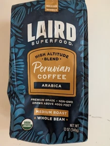 Laird Superfood Organic Peruvian Medium Roast Whole Bean Coffee Arabica 12 oz - Picture 1 of 3
