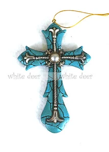 Colgante Cruz Estilo Occidental Textura Piedra Turquesa Valla Barra de Hierro Resina - Imagen 1 de 3