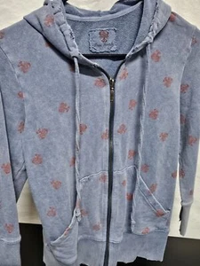 Free People Hoodie Lt Blue W/Lobster Print Full Zip Drawstring Worn Edges Sz S - Picture 1 of 19
