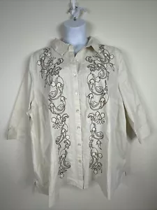NWT Liz & Me Womens Plus Size 3X Ivory Paisley Button-Up Shirt 3/4 Sleeve - Picture 1 of 10