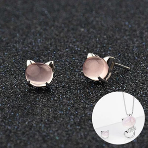 Orecchini donna pendenti gatto pietra di luna argento argento collana gioielli - Foto 1 di 13