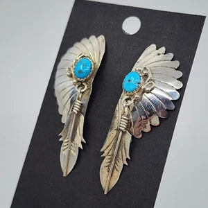 Navajo Turquoise Sterling Silver Post Back Dangle Earrings - Picture 1 of 7