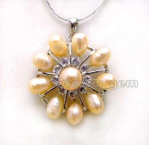 32mm Flower 6-7mm Pink Rice Pearl Pendant Necklace for Women Chokers Chain 17" - Picture 1 of 19