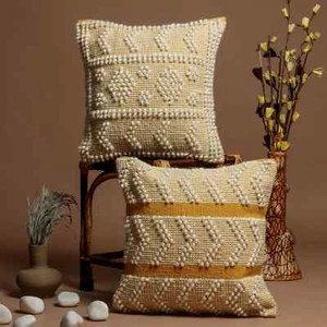 18x18 Inch Cushion Cover Indian Handwoven Yellow White Shaggy Wool Pillow case - Picture 1 of 6