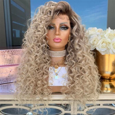 100% Human Hair Wigs Long Loose Curly Ombre Ash Blonde Lace Front Wigs 13x4  - Image 1 of 4