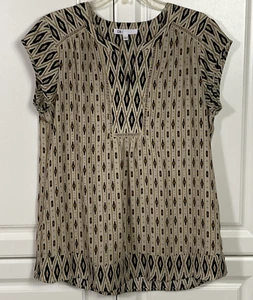DR2 Top Womens Size L Black Beige Southwest Geometric Print Notch Neck Career - Picture 1 of 11