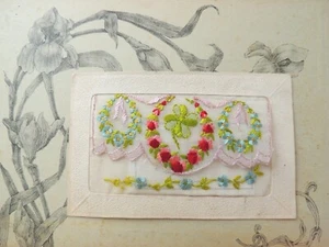 Carte Postale ancienne fantaisie Bonne année brodée Broderie Trèfle - Imagen 1 de 3