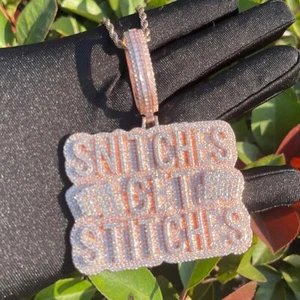 5AAA+ CZ Hop Hip Ice Out Snitches Get Stitches Pendant Chain Real Gold Plated - Picture 1 of 10