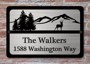 Personalized House Address Custom Plaque 12" x 8" Aluminum Deer Trees Art Sign - Foto 1 di 3