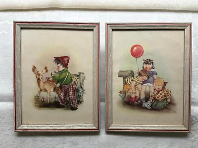 Par de arte infantil enmarcado litografía vintage de los años 40 de Marion Bradford Burgess Foto 1 de 4