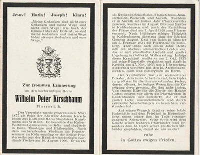 Totenzettel / Sterbebild von Pfarrer Wilhelm Peter Kirschbaum vom 27.11.1935 - Bild 1 von 2
