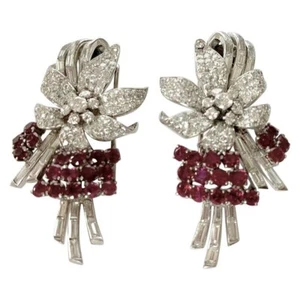 Lab Burmese Ruby Double Clip Brooch 925 Sterling Silver Floral Design Jewelry - Picture 1 of 4