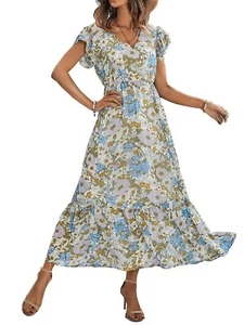 Women's Summer Casual Floral Midi Dress V-Neck Cap Sleeves Ruffle Hem - Picture 1 of 23