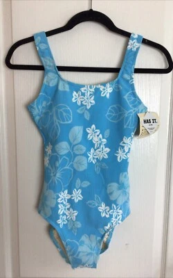 LL Bean blue ribbed floral print one piece Scoop Back bathing suit 10 - Image 1 of 4