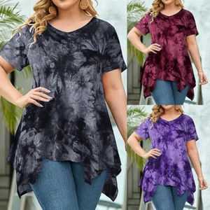 Übergröße Damen Tie-Dye Kurzarm T-Shirt Tunika V-Neck Sommer Longshirt Oberteile - Bild 1 von 18