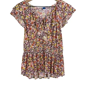Blusa Antigua Azul Marino Para Mujer Talla Pequeña Ditzy Floral Cintura Calada Volantes Boho Campesina - Imagen 1 de 12