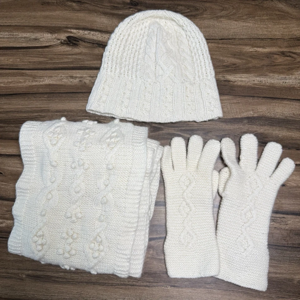Blanco + Warren 100% Cachemira Invierno Tejido Conjunto Sombrero Bufanda Guantes Marfil Cable Tejido Foto 1 de 4