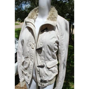 Y2K Vintage Abercrombie & Fitch Women's Fur Trim Jacket Beige Plaid Lining Small - Picture 1 of 13
