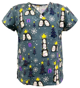 Women Halloween Christmas Medical Scrub Gray Base Penguin Christmas Tree M - Picture 1 of 2
