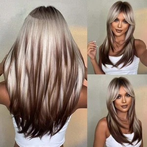 Blonde Layered Synthetic Wigs for Women Long Straight Brown Highlights Wigs - Picture 1 of 2