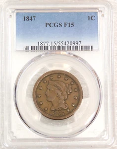 1847 Large Cent PCGS F15 Nice Luster Just Graded in New Holder #SB45 - Picture 1 of 4
