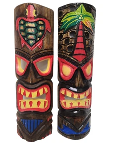 20" SET HAWAIIAN 2 TIKI MASK TROPICAL ISLAND WOOD POLYNESIAN WALL ART BAR PATIO - Picture 1 of 1