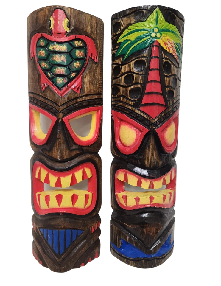 20" SET HAWAIIAN 2 TIKI MASK TROPICAL ISLAND WOOD POLYNESIAN WALL ART BAR PATIO - Image 1 of 1