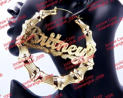 PERSONALIZED 14K GOLD PLATED 4:00"  JUMBO BAMBOO NAME EARRINGS / DOOR KNOCKERS  - Image 1 of 2