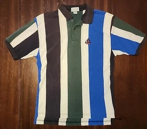 Vintage Izod Rugby Striped Color Block Green White Blue Embroidered Polo Medium  - Picture 1 of 5