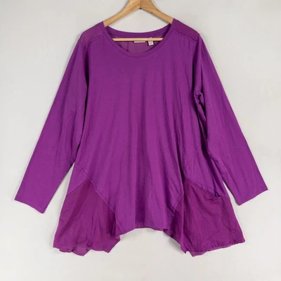 LOGO Lori Goldstein Tunic Top 1X Purple Long Sleeve Satin Trim Cotton Modal - Image 1 of 4