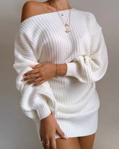 Mini vestido blanco suéter ajuste relajado manga linterna tejido - Imagen 1 de 6