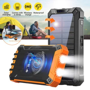 Solar Power Bank Wireless Charger 42800mAh USB Fast Charging Built in 4 Cables - Picture 1 of 38