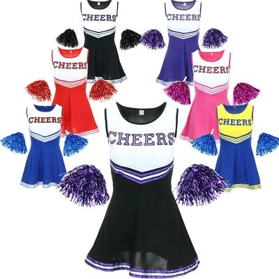 TPFBAZAAR Cheerleader Costume & Pom Poms Girls Ladies Fancy Dress Hen Party Halloween
