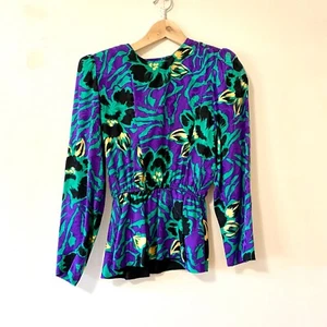 Vintage 80s blouse silk long sleeve shirt peplum green purple 8 petite - Picture 1 of 6