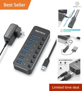 Aluminum 7-Port USB 3.0 Hub - Fast Data Transfer with On/Off Switches - Picture 1 of 10