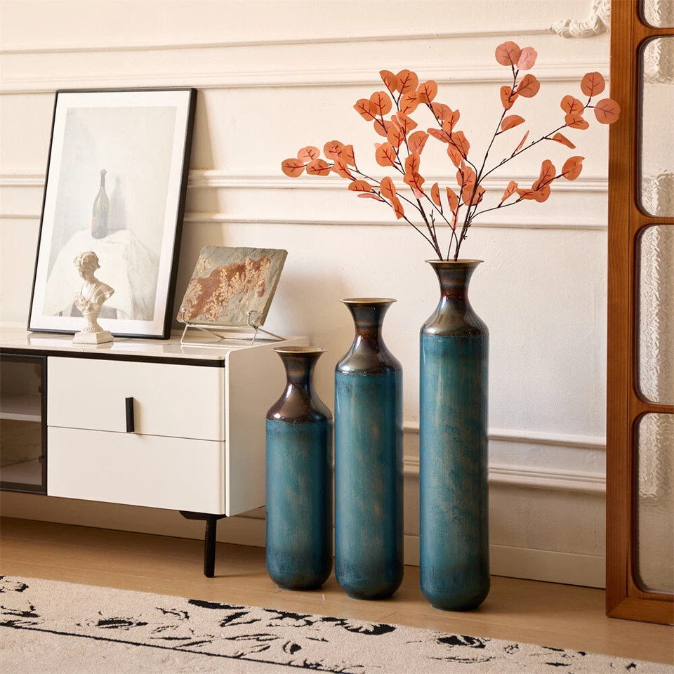 Jarrón de metal esmaltado decoración hogar gota en forma de jarrón de metal azul aguamarina conjunto de 3 piezas Foto 1 de 4