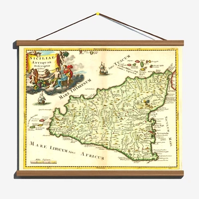 Antique 1697 Old Ancient Rare Decorative Map Of Sicily; Canvas Wooden Hanger - Image 1 of 4