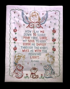 Hand Embroidered Child’s Prayer by Carolyn Olivia Shyrock "Now I Lay Me Down To - Picture 1 of 5