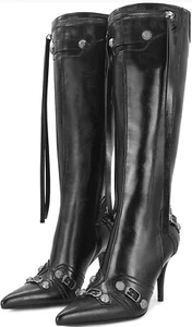 Dsevht Women's Black Knee High Stiletto Boots - Pointed Toe High Heel Boots 7.5 - Picture 1 of 11