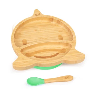 Kindergeschirr Set Bambusteller Löffel 250 ml Baby Besteck 18x18 cm Grün Delfin - Afbeelding 1 van 9