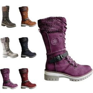 Womens Riding Boot Lace Up Boots Outdoor Women Mid Calf Fashion Winter Shoes - Picture 1 of 20