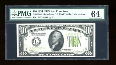 DBR 1934 $10 LGS FRN San Francisco Fr. 2004-Llgs PMG 64 Serial L00573659A - Image 1 of 2
