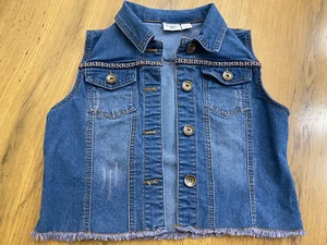 Cato Girls Denim Vest Sleeveless (L 12/14) Distressed Button/Pockets Aztec Trim - Picture 1 of 8
