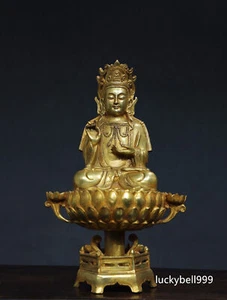 9.5" Antique Tibetan Buddhism Temple Bronze 24k Gilt Guanyin Bodhisattva Statue - Picture 1 of 9