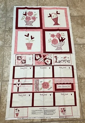 Valentine Cards Fabric Panel Moda Hearts Aflutter Pink Quilt Sewing Quilting - Image 1 of 4
